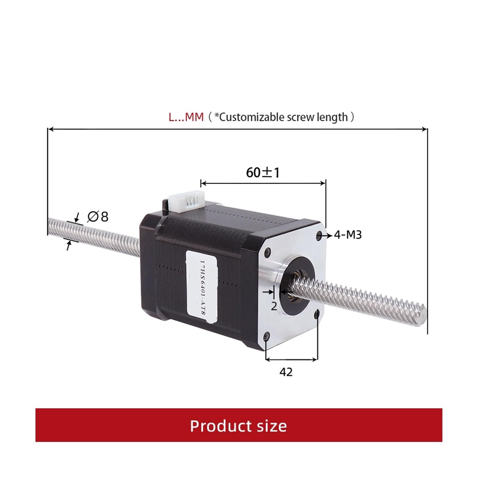 NEMA17 Motor Paso a Paso de Tornillo pasante, 42HA60-T8 Tornillo de Avance 1.7A 70N.cm 200MM Motor Paso a Paso Lineal for Impresora 3D CNC(Lead Range 2mm)