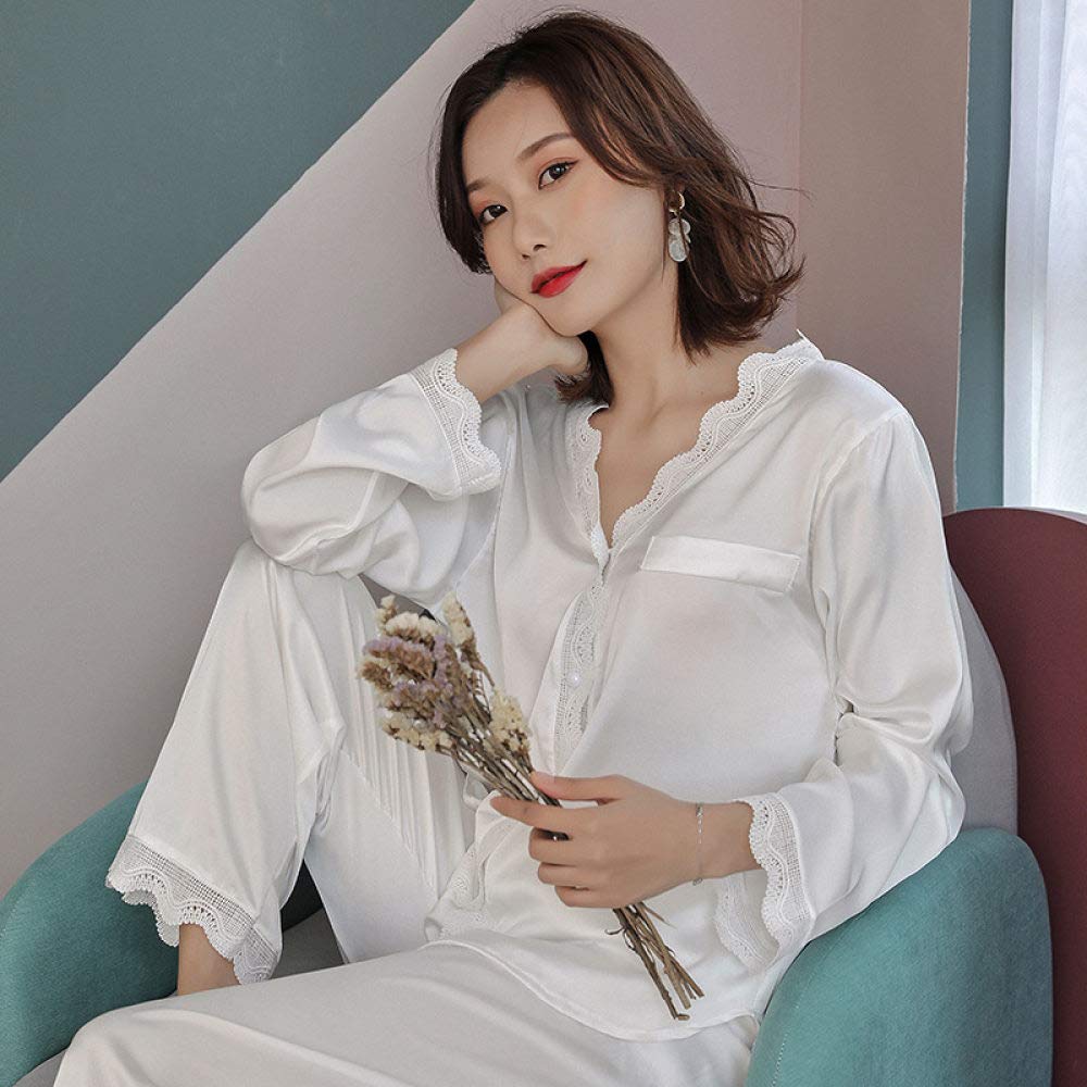 Pijamas De Mujer,Conjunto De Pijama De Seda Elegante De 2 Piezas Con Cuello En V De Satén,Manga Larga,Con Botones, Ropa De Dormir Fina Con Ribete De Encaje,Ropa De Salón De Color Puro Para Damas,Bl