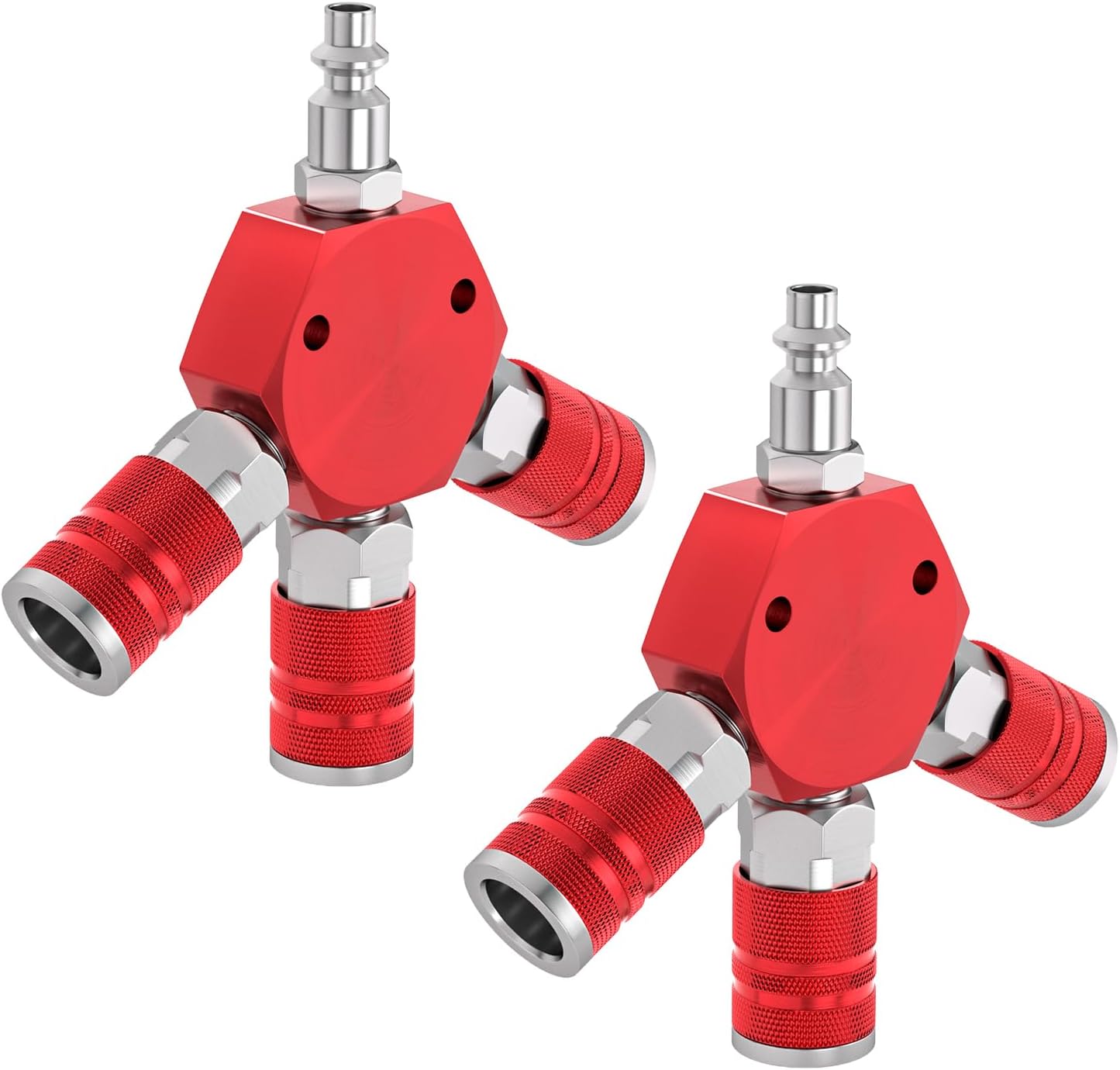 GASHER 1/4" basic body size Aluminum Hex Style 3-Way Air Manifold with 3 Pieces Steel Industrial Coupler and Plug, Air Compressor manifold Hose Accessories Quick Connect Fittings Air Splitter(2-Pack)