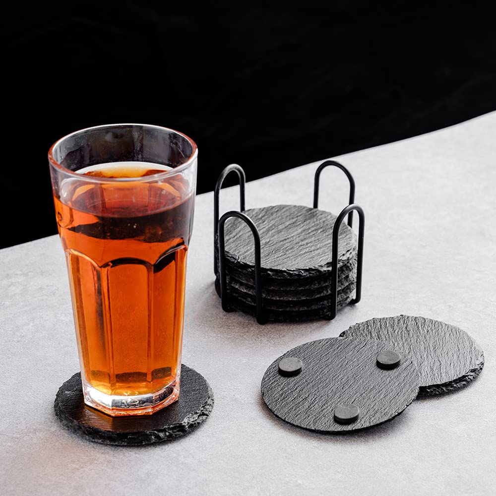 Set 8 Pezzi Sottobicchieri Rotondi In Ardesia 10 Cm Colore Nero Pietra Naturale Certificati Contatto Alimentare Con Gessetto Supporto Metallo Gommini Antiscivolo Sottobicchiere Barbirreriacasa Acces 83915000