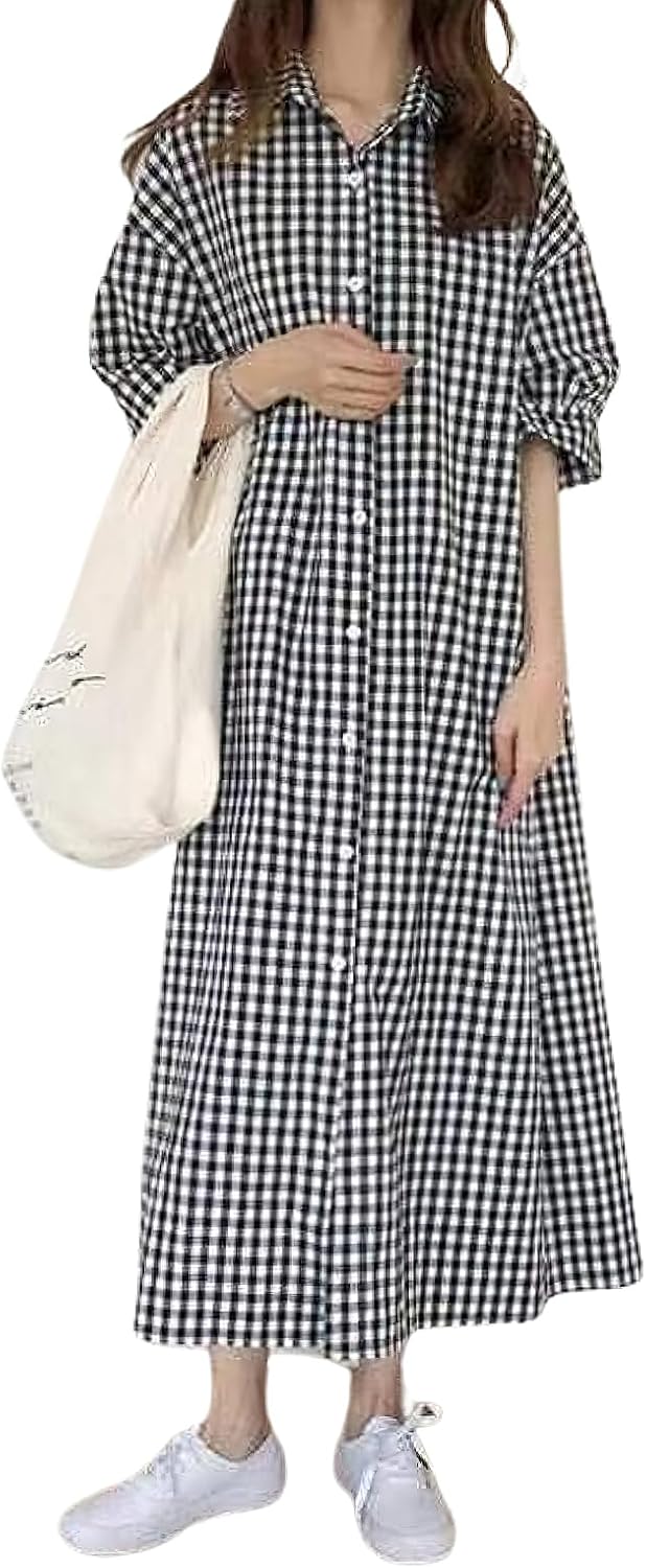 chouyatou Women's Summer Casual Short Sleeve Cotton Gingham Dress Plaid Midi Long Shirt Dress