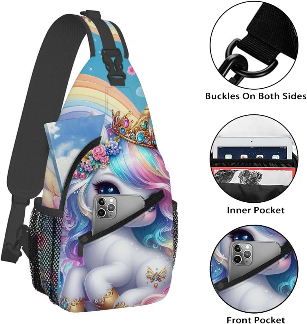 Small Animal Funny Unicorn Sling Bag for Women Men Lightweight Chest Bag Crossbody Daypack Anti Theft Shoulder Backpack with Adjustable Shoulder Strap for Outdoors Sports Hiking Travel