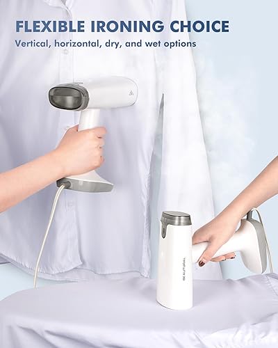 Miniatura 5 de BEAUTURAL Vaporizador de viaje para ropa con doble voltaje para uso en todo el mundo, removedor de arrugas de tela plegable de mano, plancha de