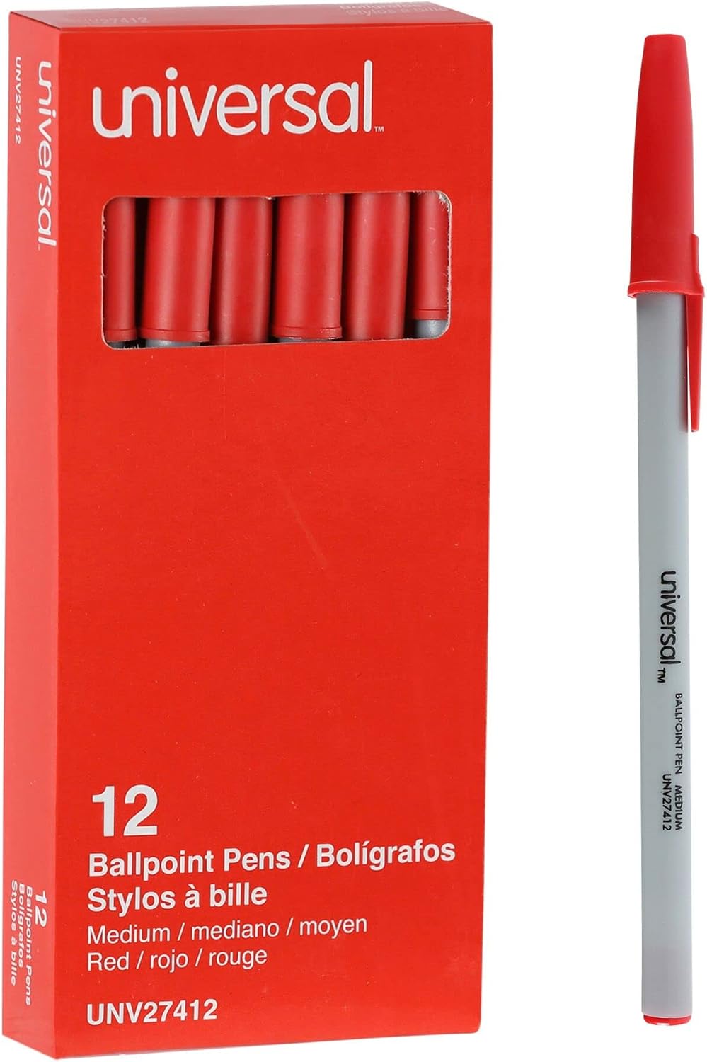 Universal Economy Ballpoint Stick Oil-Based Pen, Red Ink, Medium, Dozen (27412)
