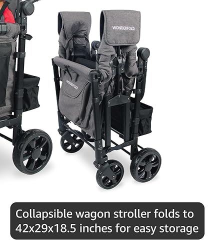 WONDERFOLD W1 Original Stroller Wagon (2 Plazas) – Cochecito Plegable Con Asientos Con Arneses De 5 Puntos, Mango Ajustable Y Toldo Para El Sol, Gris Ahumado