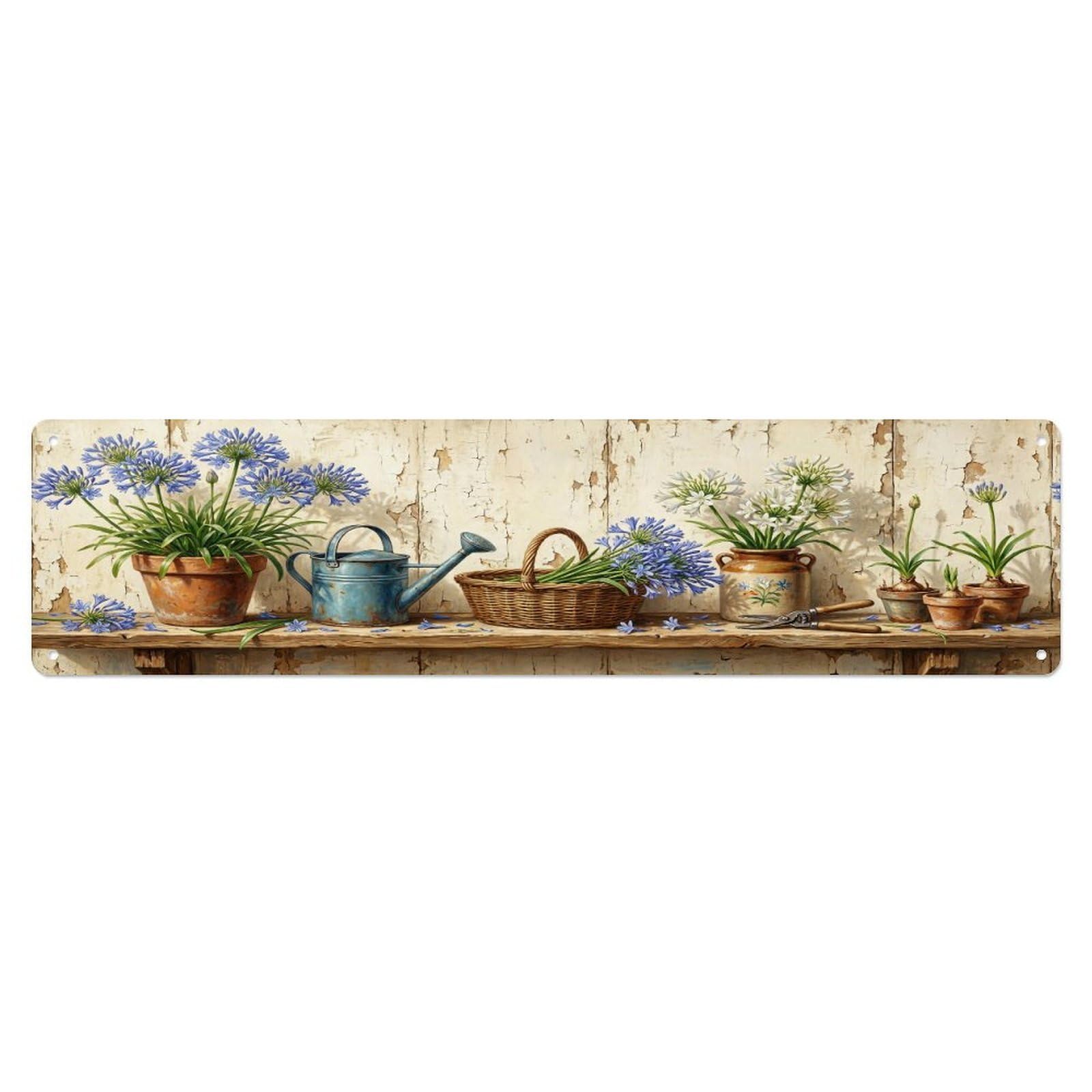 Floral Garden Tools Agapanthus Blue Pattern Print Metal Tin Sign