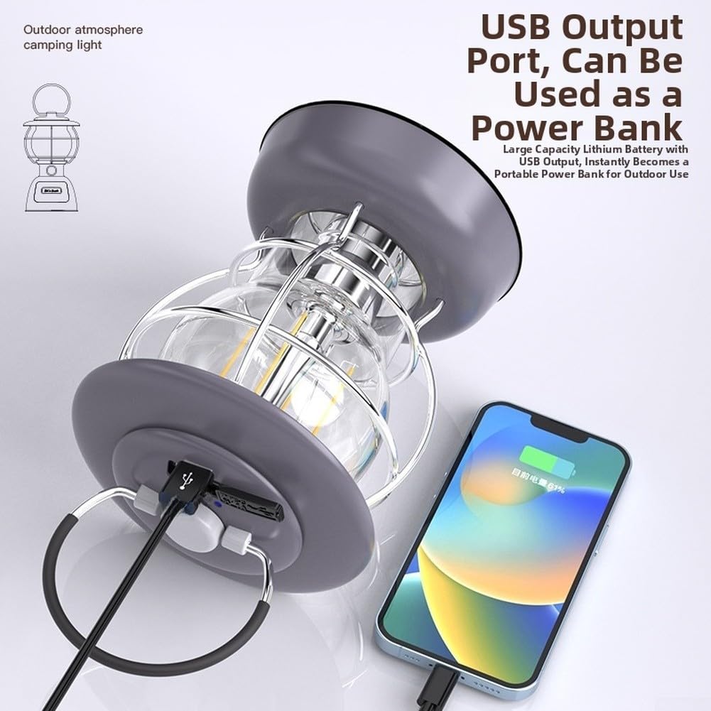 Lampada da campeggio portatile USB-C ricarica rapida lanterna retrò durata 70H impermeabile torcia LED per interruzioni di corrente (viola scuro-grigio)