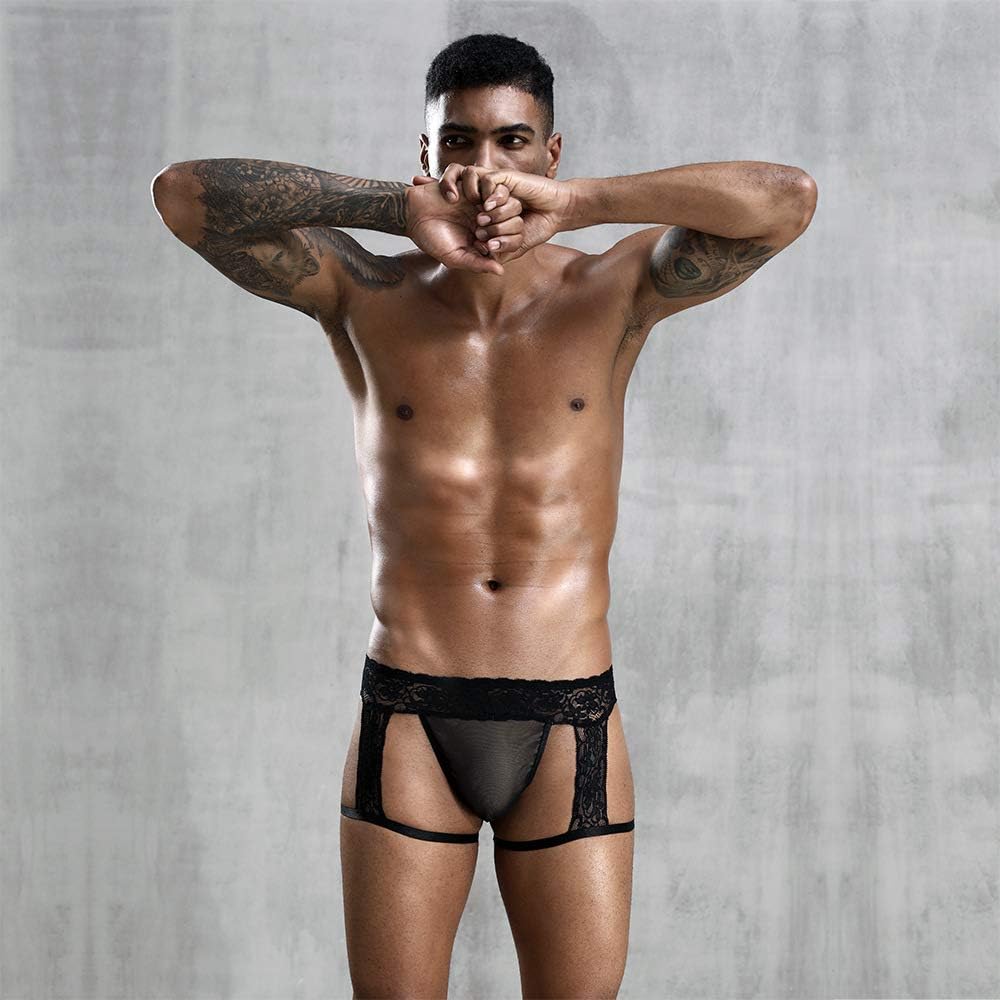 BaronHong Men Sexy Butt-Flaunting Jockstraps Underwear Mesh Lace Boxer Briefs Gay Underpants