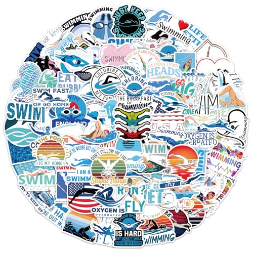 100Pcs Swimming Stickers - Swimming Themed Swimmer Stickers for Kids Adults, Vinyl Waterproof Swim Decals for Laptop, Guitar, Water Bottle Journaling Scrapbooking