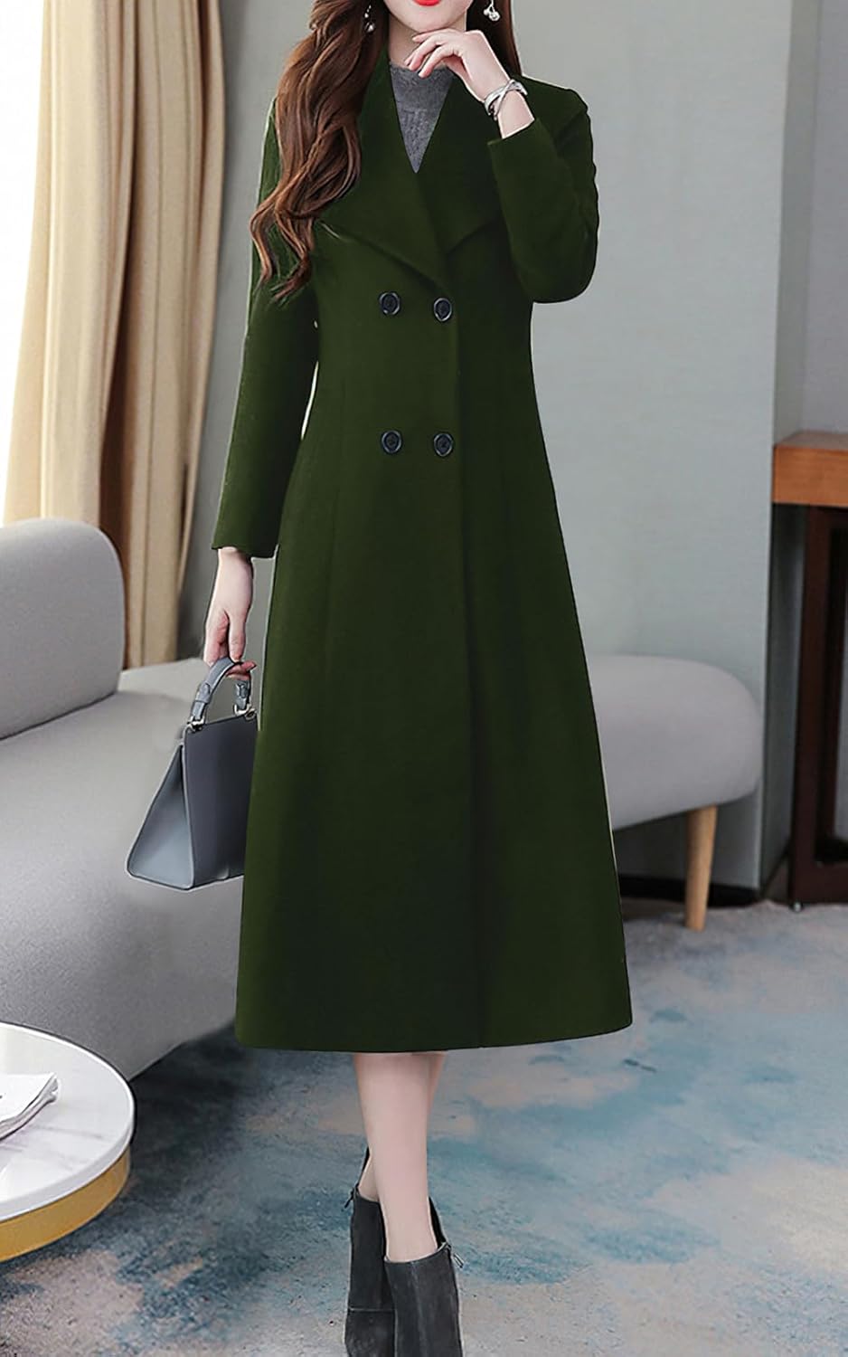 chouyatou Women's Maxi Long Wool Blend Pea Coat Shawl Collar Double Breasted Winter Trench Coat Overcoat - Image 4