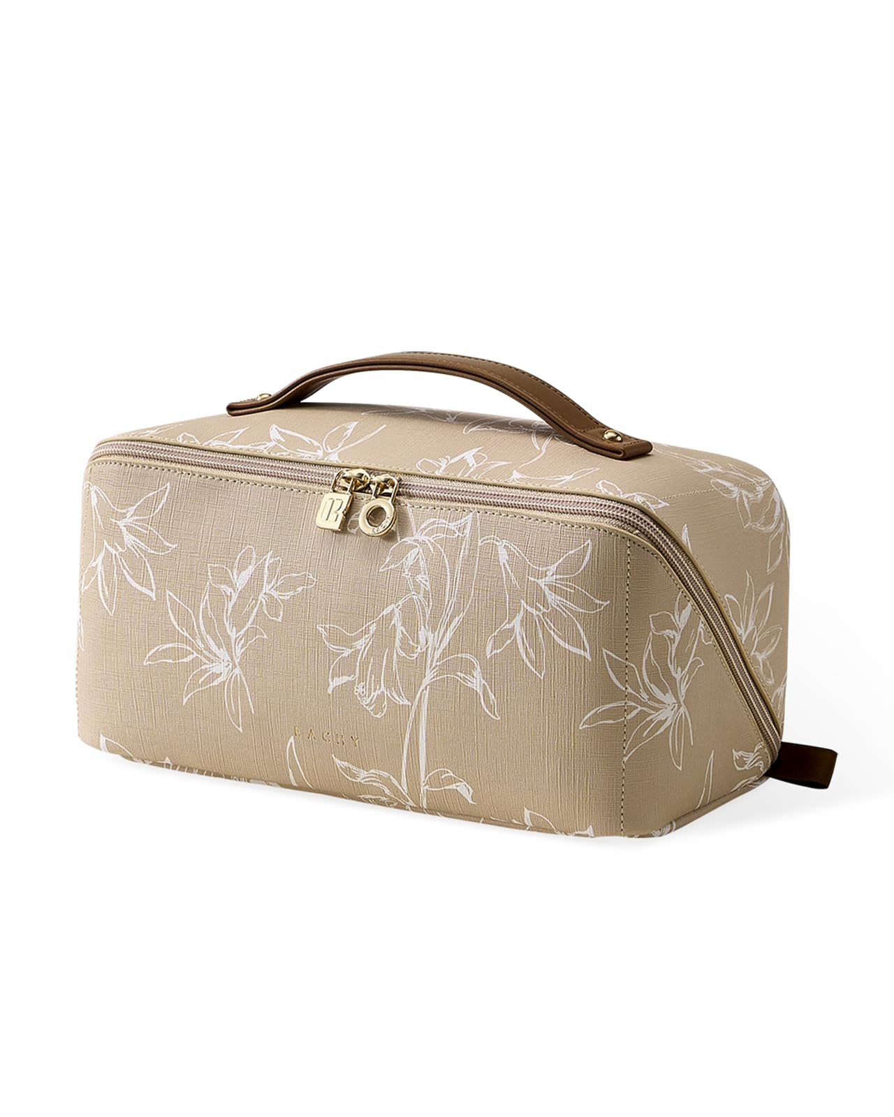 EACHY Travel Makeup Bag, Floral Cosmetic Bag for Women, Brown, Medium