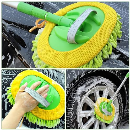 Image of 47 inch Car Wash Brush Mop Cleaning Tool with Long Handle Kit for Washing Detail Car Truck, SUV, RV, Trailer, Boat 2 in 1 Chenille Microfiber Sponge Duster, Paint Scratch Free