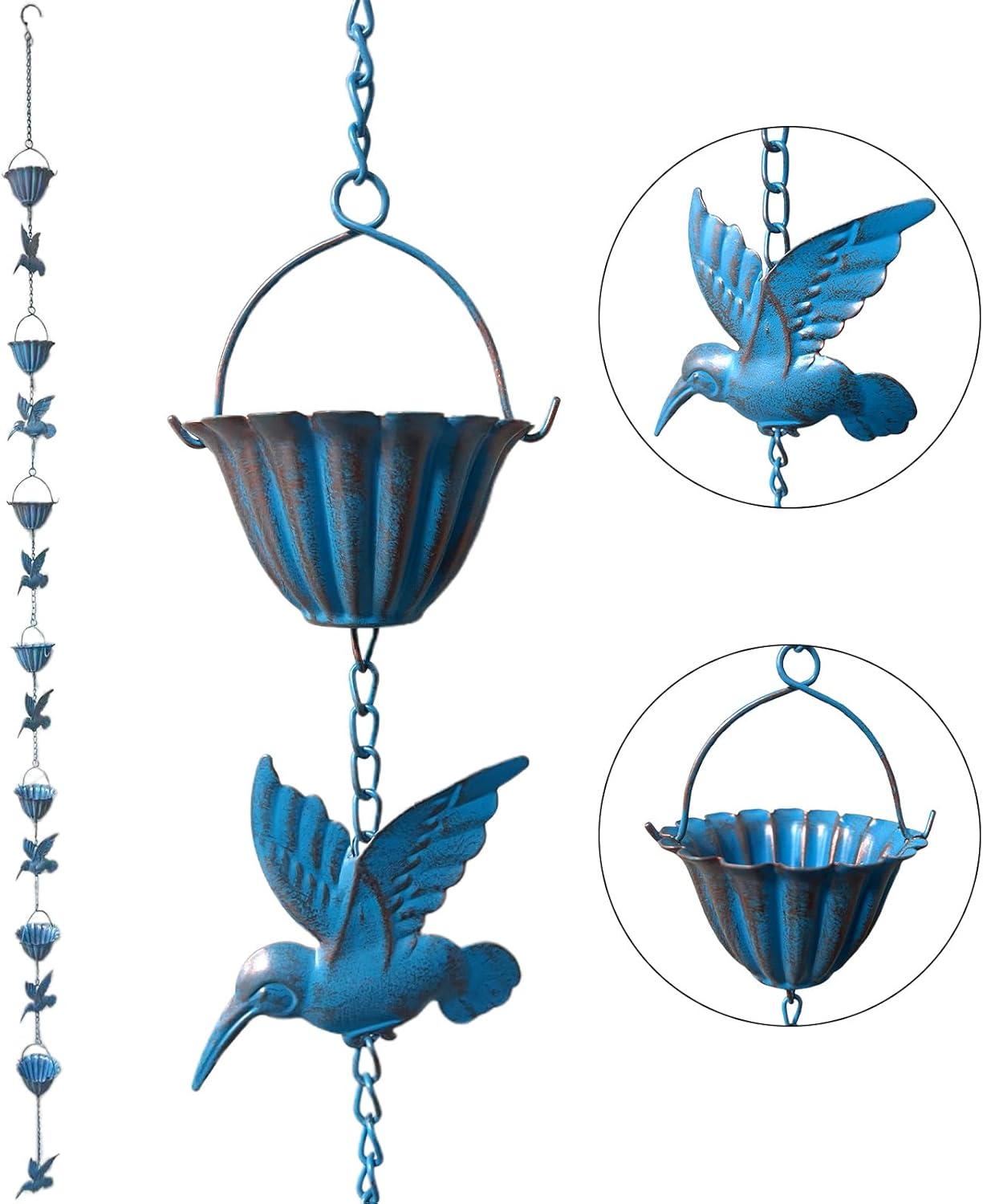 Tissting 7.9FT Rain Chain, Hummingbird Rain Chains for Outside, Copper Bell Rain Chain for Gutters, Adjustable Rain Catcher Chain with Bell for Eaves Drainage