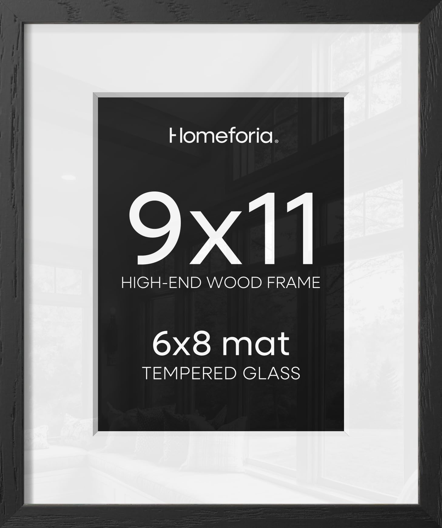 Homeforia 9x11 Black Oak Picture Frame, High-End Wood, 6x8 Mat, Glass | High End Solid Oak Wood, Tempered Glass, Acid-Free 6x8 Removable Mat, 9x11 Edge-to-Edge Display 11x9, Wall Kit, Set Of 1