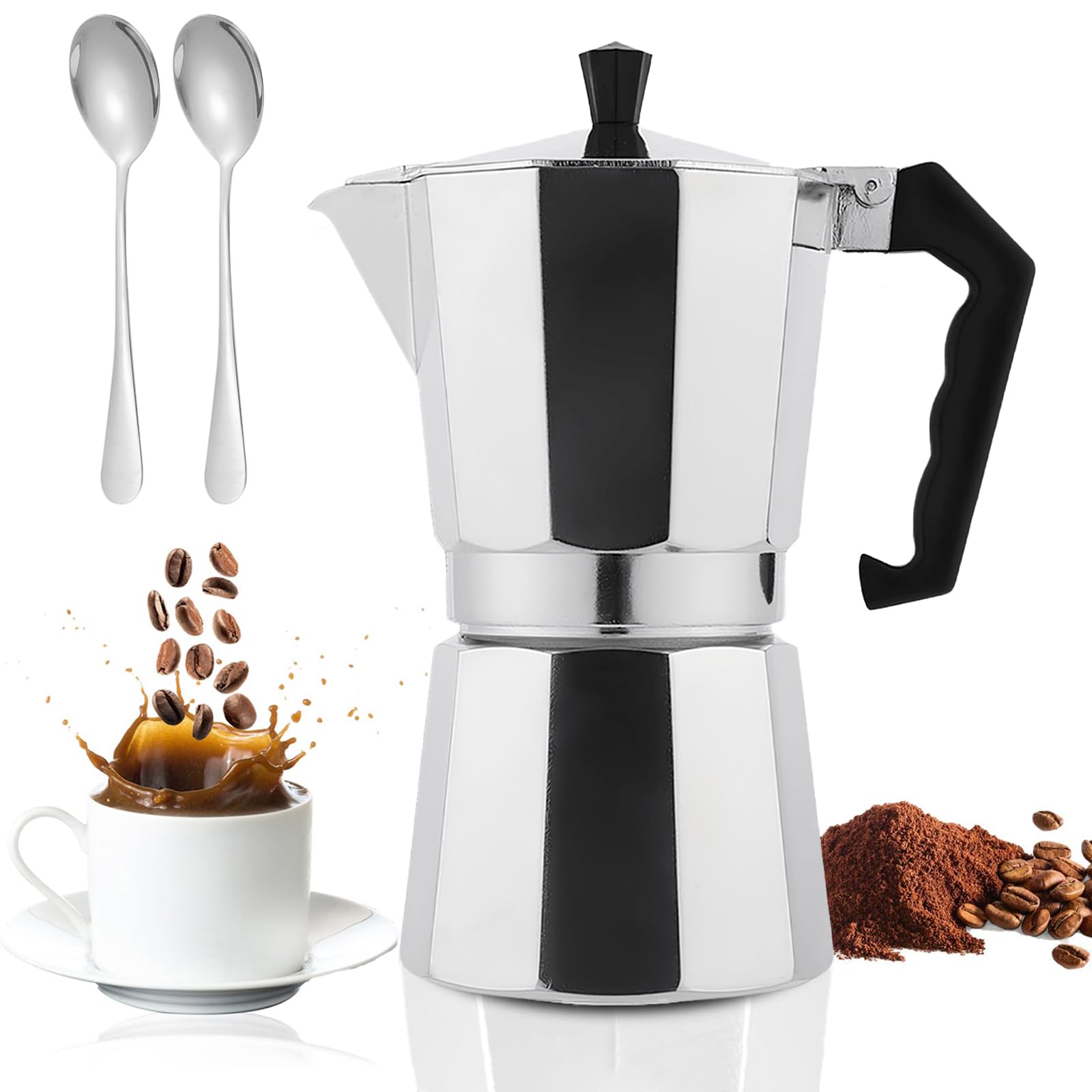 Ausein Cafetera Italiana 450ml, Cafetera Espresso Manual de Aluminio para Café, Moka Pot Portatil con 2 Cucharas de Café, para Estufa, Casa, Oficina, Restaurante y Camping (Plateada) - 450 - Plateada