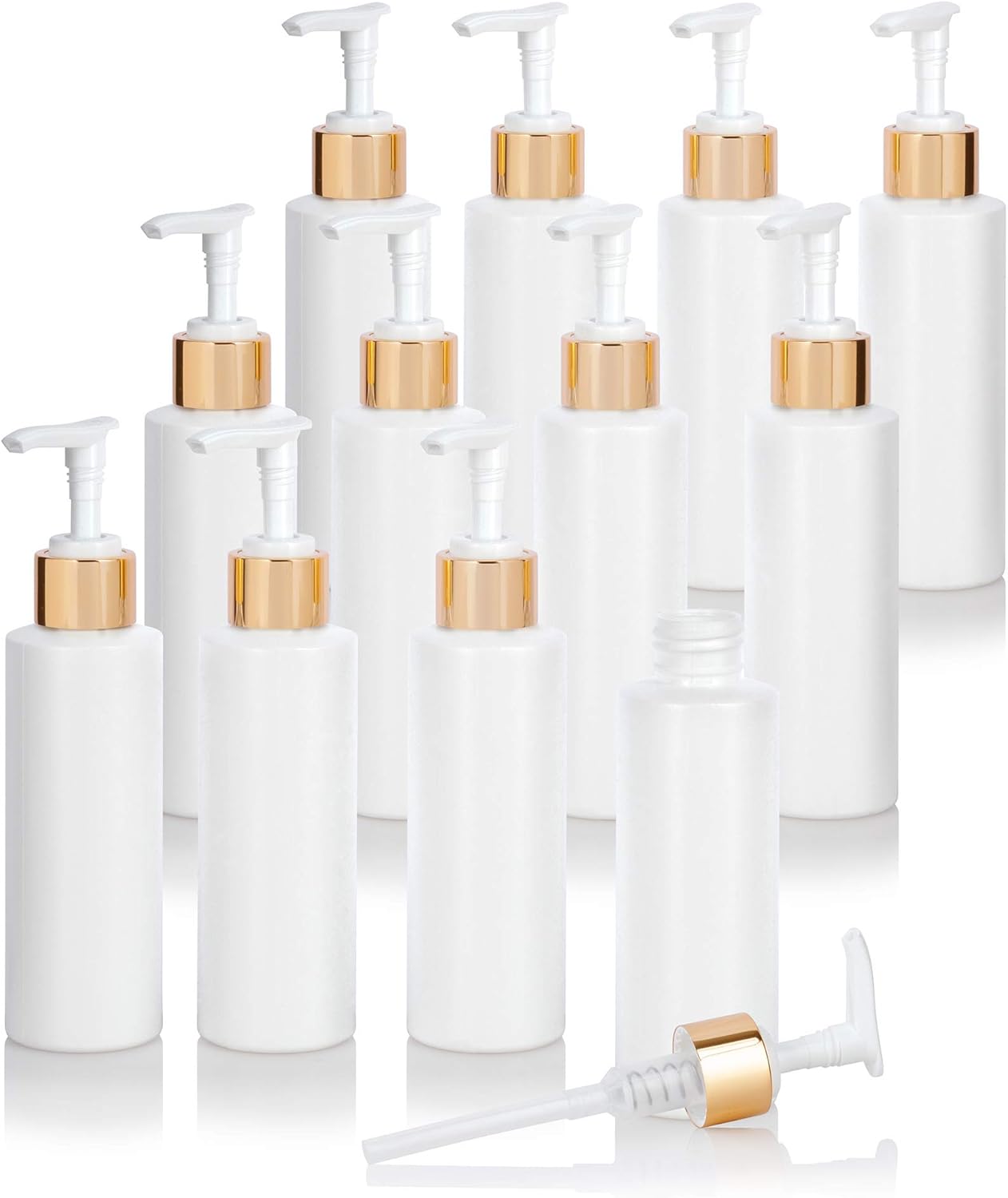 4 oz / 120 ml White Plastic HDPE Refillable Cylinder Squeeze Bottle with Gold Lotion Pump (12 Pack)