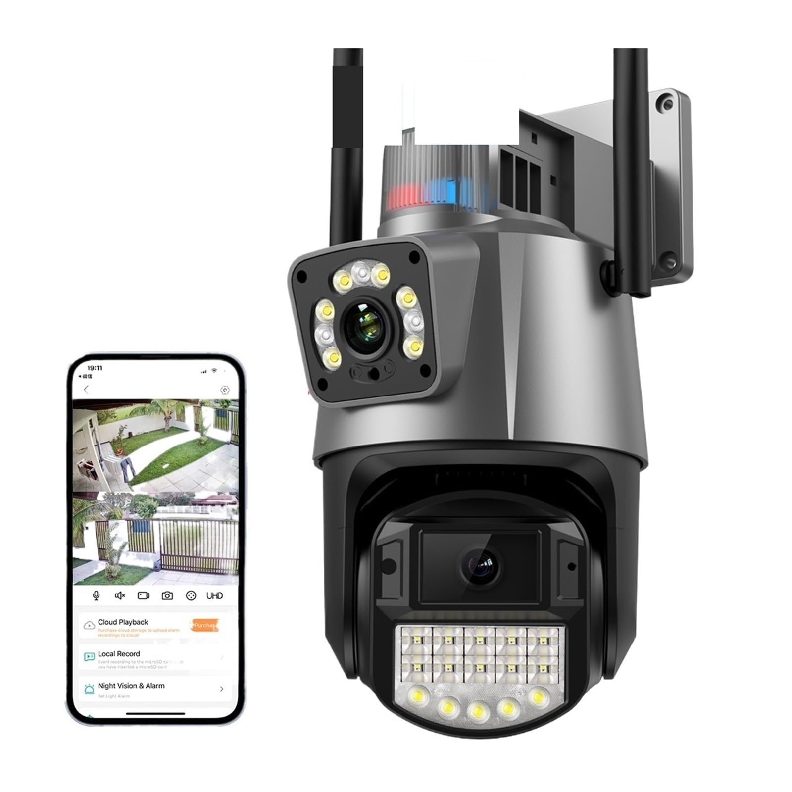 Telecamera di sicurezza, Telecamera PTZ 4K 8MP 4X Zoom HD esterno 4MP Dual-Lens Visione notturna a colori a doppio schermo AI Monitoraggio automatico Video sorveglianza(4MP Add 128G SD Card)