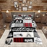 Picture of Castle Fairy Camping Adventure Full Size Comforter Set,RV Camper Accessories for Travel Trailers Bedding Comforters Bedroom Collection,Rustic Red Plaid Boho Aztec Exotic Bedding Set for Girls Teens