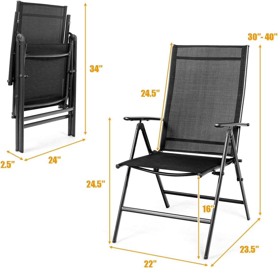 Giantex Set of 2 Patio Dining Chairs, Folding Outdoor Chairs, Portable Camping Chairs with Breathable Fabric, Foldable Chairs with Armrest High Backrest for Garden Patio Pool Beach Yard, Black