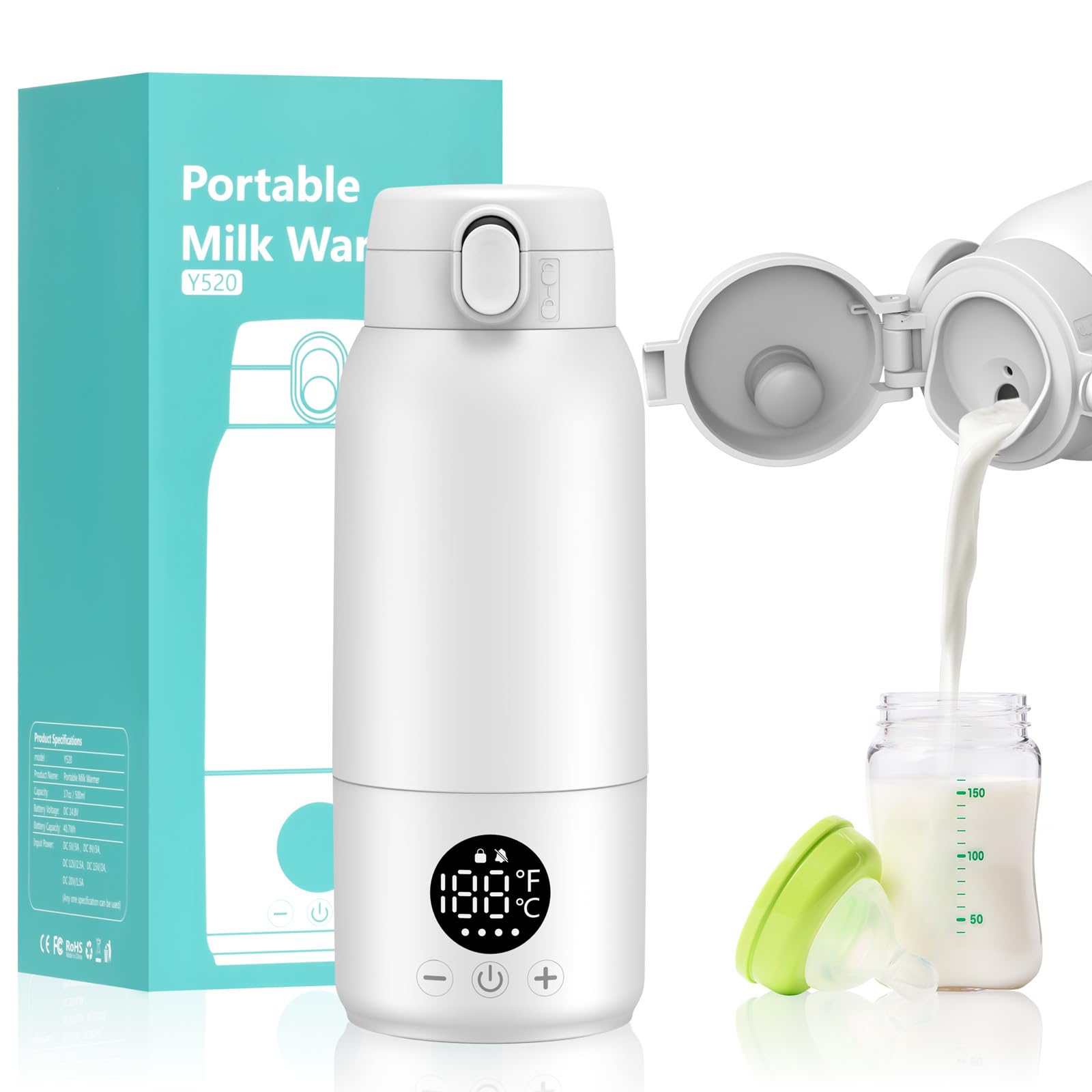 Chauffe Biberon Portable, 500ml Baby Chauffe Biberon Nomade Portable avec Chauffage Rapide et Contrôle Précis de la Température, pour Lait Maternel et Eau