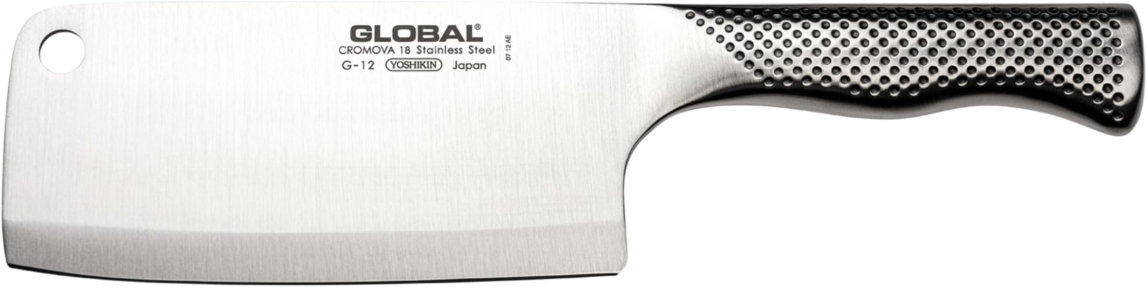 Global Meat Cleaver-Chopper 16cm. Stainless Steel. For butchering raw meat, cut through bone. 7.62cm wide razor sharp blade. Ergonomic. Safe grip hollow handle. Handcrafted in Japan.