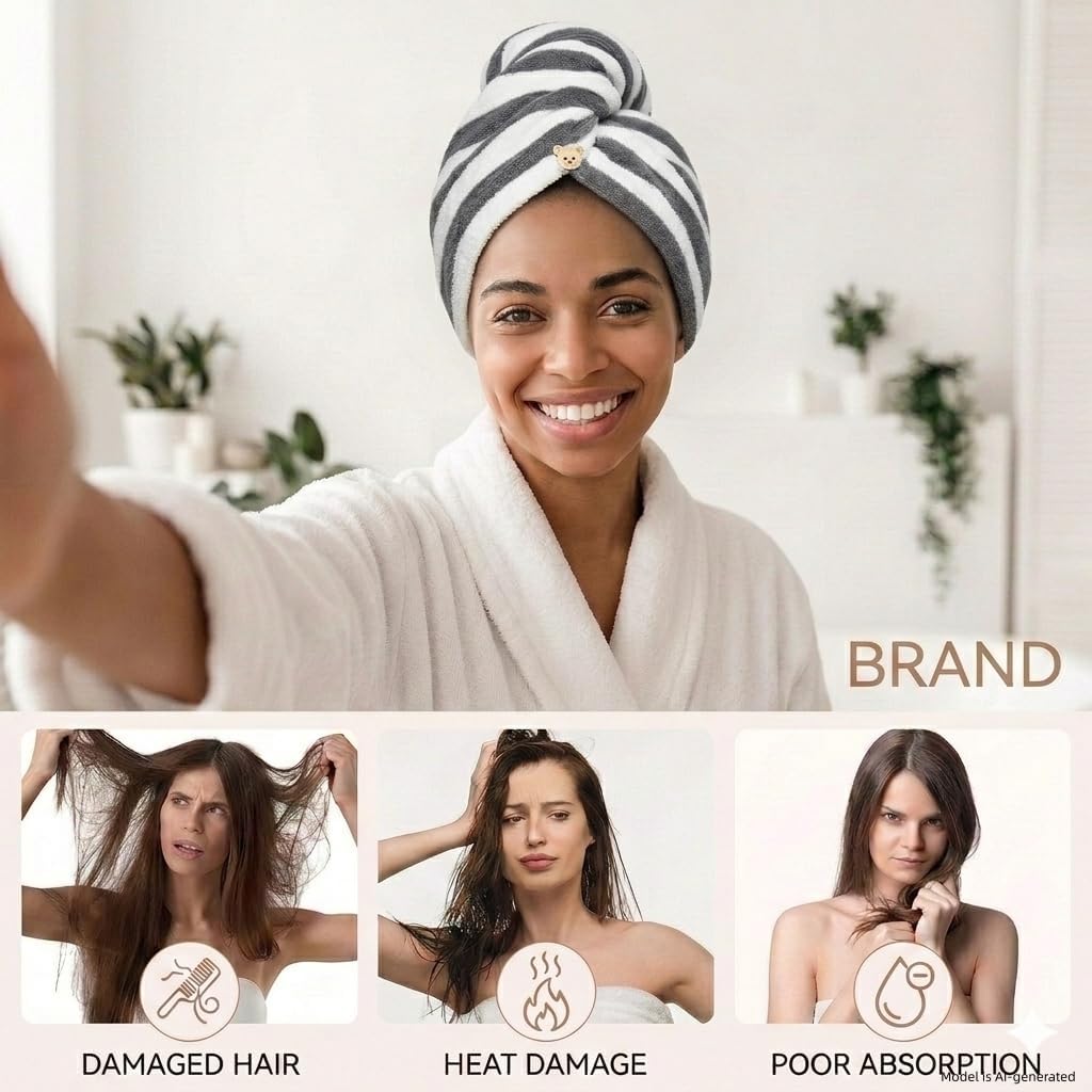 3 Pack Microfiber Hair Towel Wrap for Women, Fast Drying Hair Turban with Button, Anti-Frizz Large Hair Towel for All Hair Styles, Soft & Absorbent Hair Drying Towel