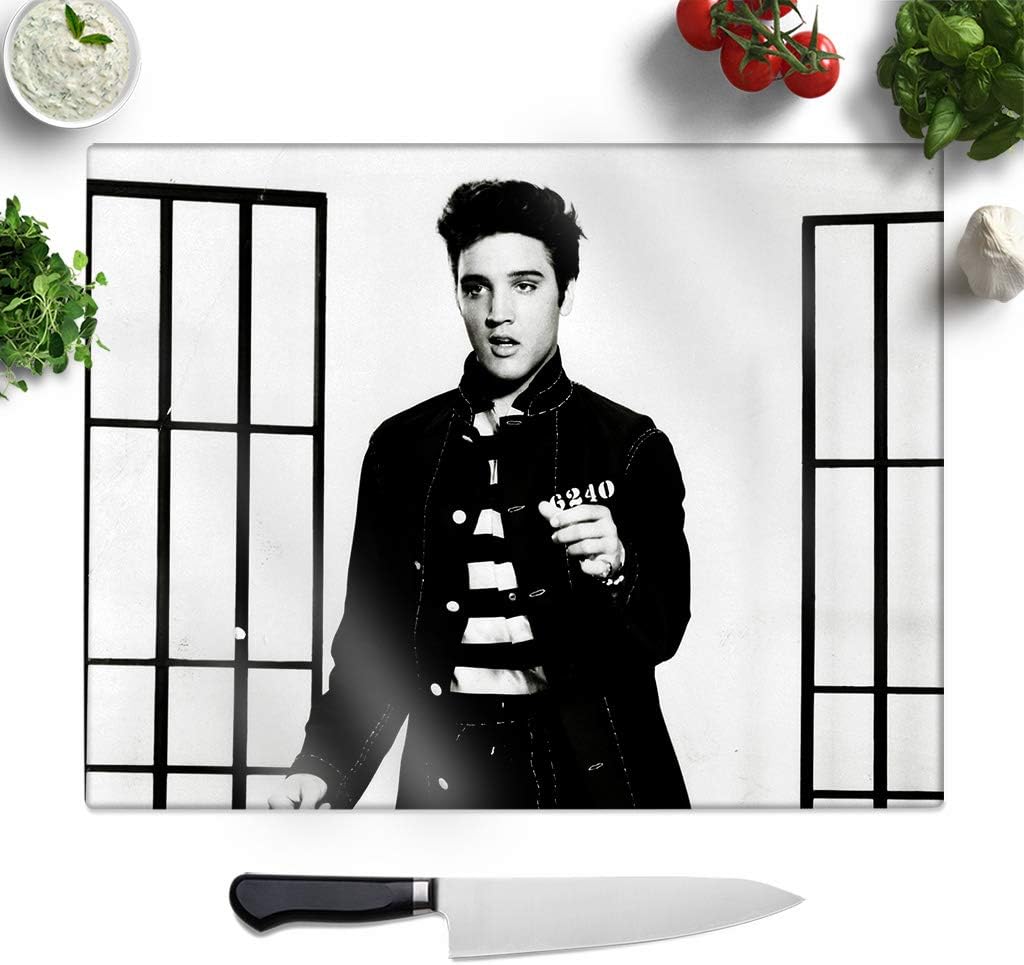 Big Box Art Textured Glass Chopping Board with Elvis Presley Jailhouse Rock (2) Print | Small Worktop Protector | Serving Platter, Multi-Colour, 27.5 x 19.5 cm
