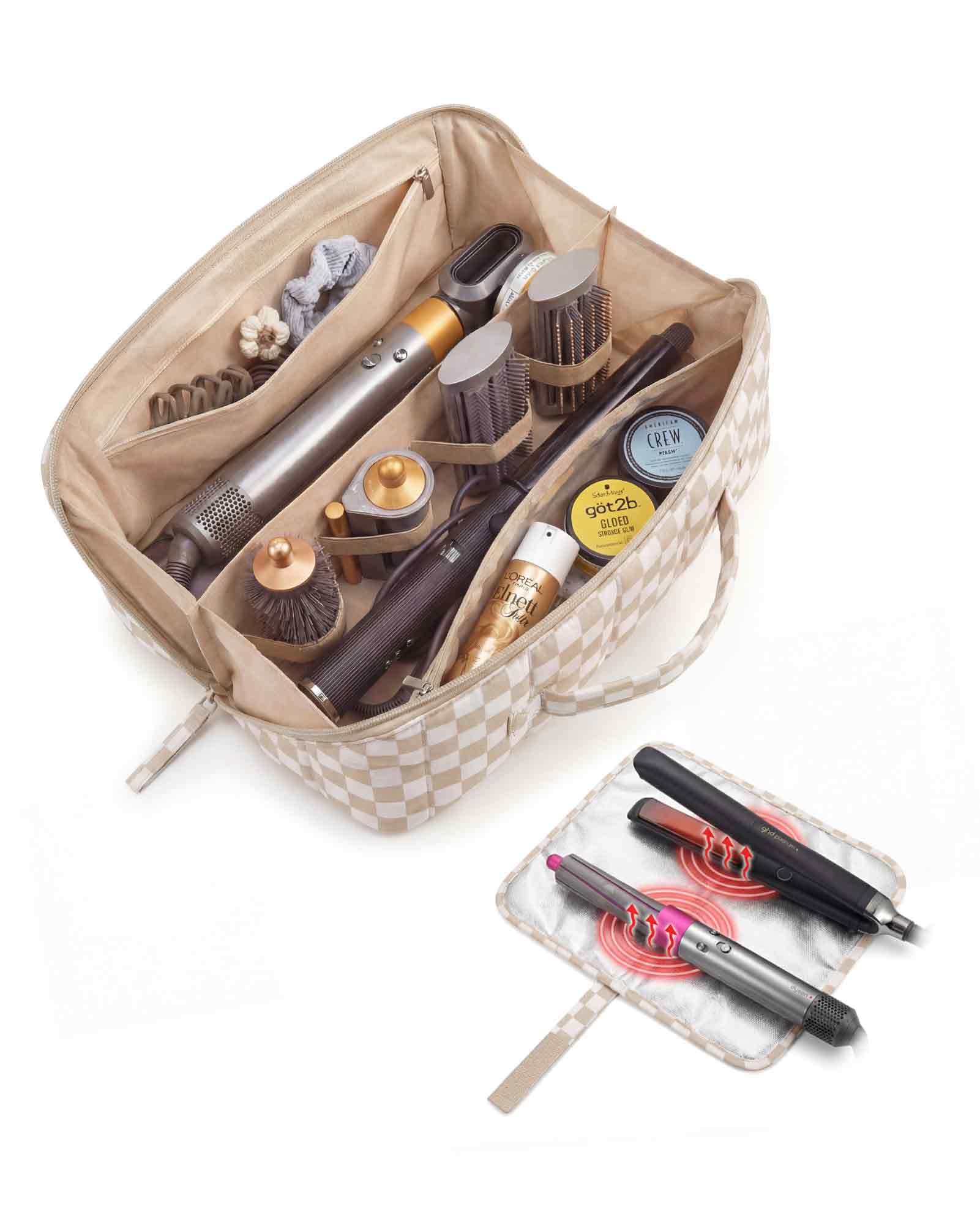 BAGSMART Hair Tool Organizer Travel Bag Compatible with Dyson Airwrap, Shark Hair Dryer, Wide-open Accessories Organizer with Heat Resistant Mat, Makeup Bag for Dyson Attachments, Curling Iron, Khaki Khaki Brown Checkered Print