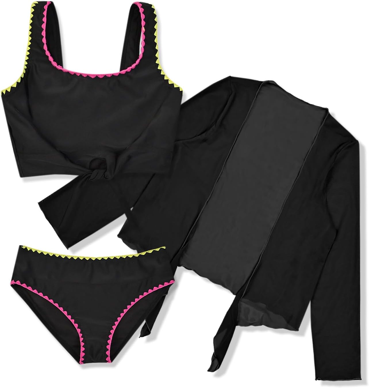 Mirawise Girls Bathing Suit Beach Bikini Swimsuit Set Tie Front 3 Piece Swimwear with Cover Up for 6-13Y