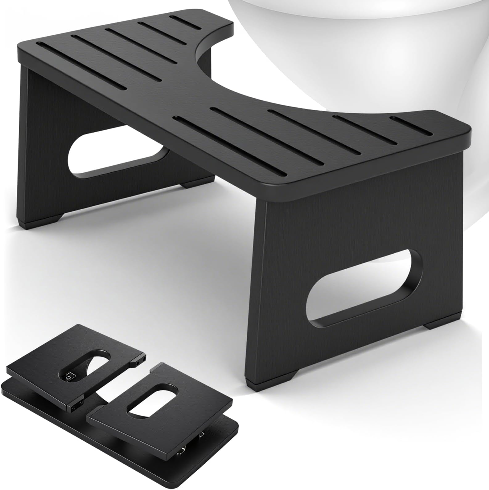 Foldable Toilet Stool, 7 Inch Poop Stool for Bathroom, Bamboo Toilet Stool Squat Adults, Dual Anti-Slip Potty Step Stool for Pooping, Improve Squatting Posture and Comfort for Kids Seniors, Black