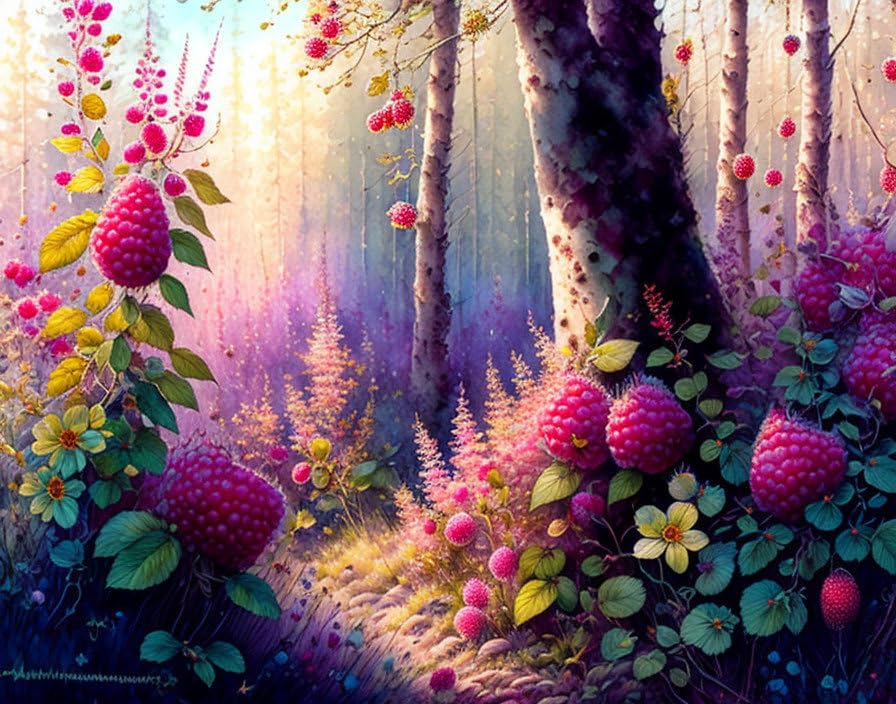 ELYRTHRIUMC Leinwandbilder, ohne Rahmen, Himbeersträucher im Wald, Wildblumen, 50 x 70 cm