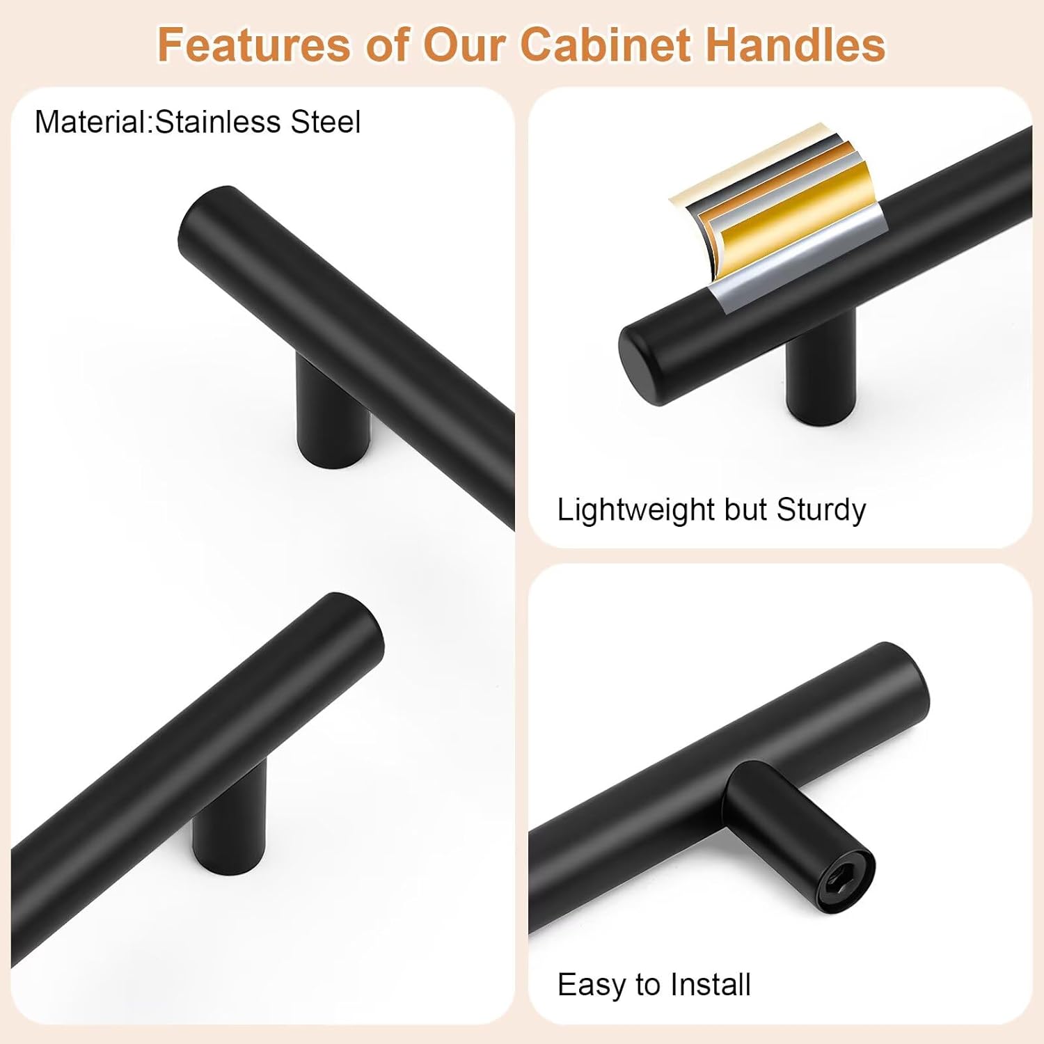 Probrico 25 Pack Hole Centers 3inch Stainless Steel Kitchen Cabinet Pulls,Flat Black Dresser Drawer Handles, 5inch Length Euro T Bar Pull Handle for Home Furnitures