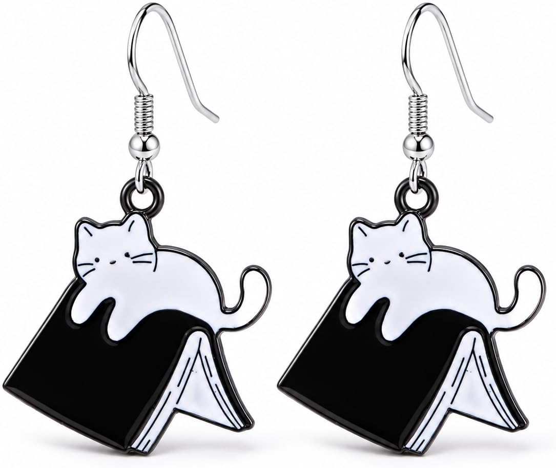 Adorable Enamel Book Cat Earrings Dangle for Women Animals Lovers Lightweight Cartoon Jewelry Charms