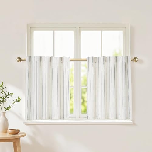 LuxeNook Green Striped Kitchen Curtains,Light Filtering,2 Panels,26x24