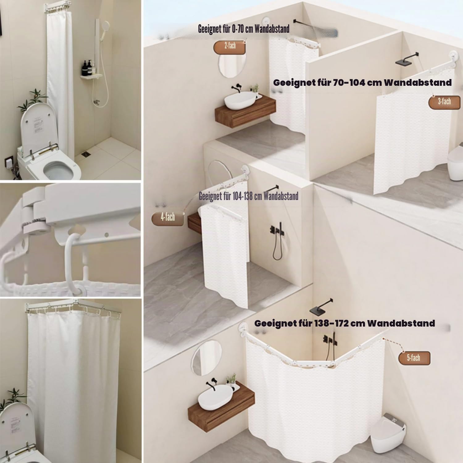 Faltbarer Duschvorhangstange mit Saugnapf, Ohne Bohren L/U Form Eckvorhangstangen Zur, Wasserdicht Schimmelresistent Duschvorhang für Badewanne(172+25cm)