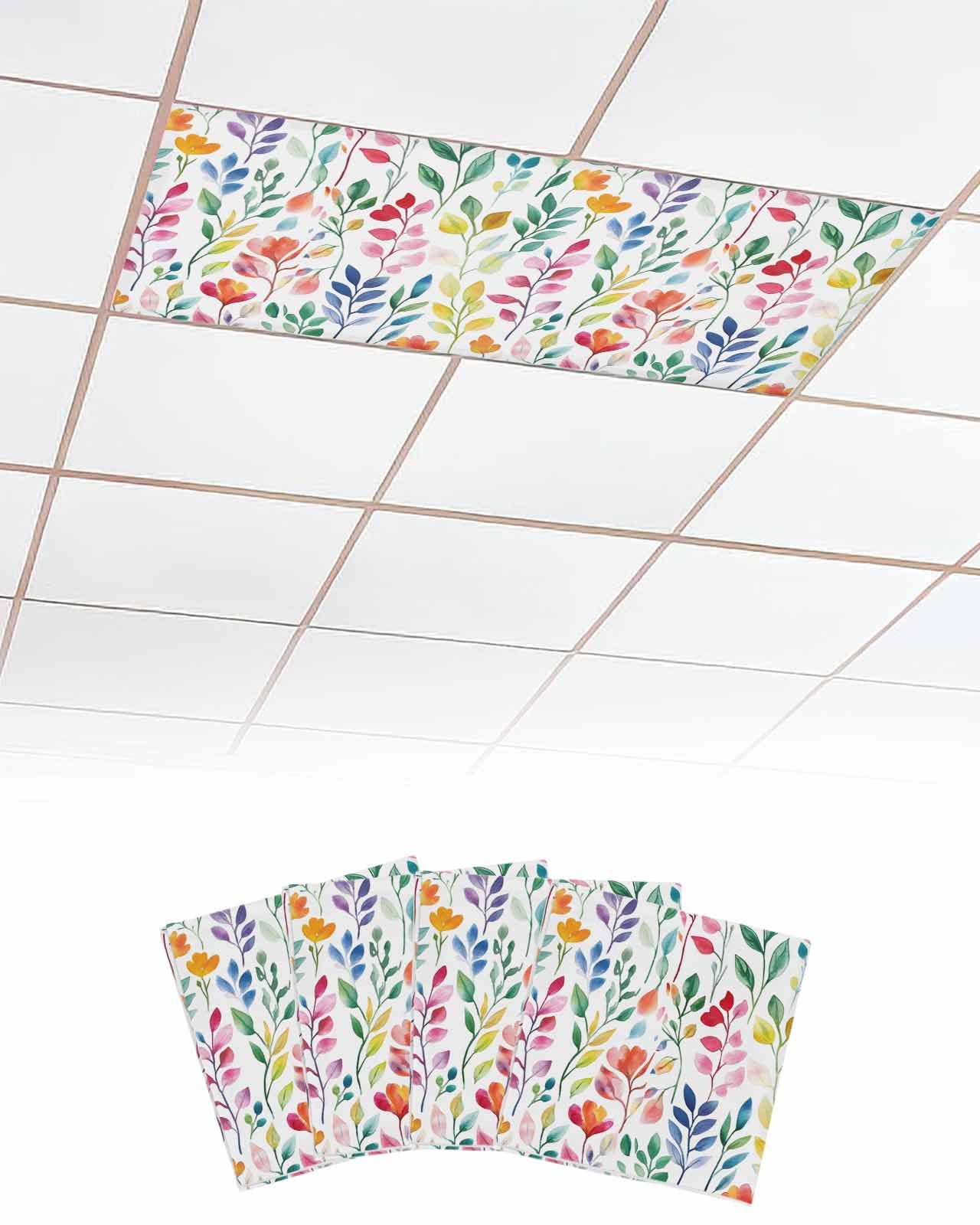 EwdeWwo Easter 4 Pcs Fluorescent Light Covers for Ceiling Lights, Abstract Leaves Watercolorful Style Magnetic Light Filters for Eliminate Harsh Glare Classroom Office Decoration, 4 x 2 Ft