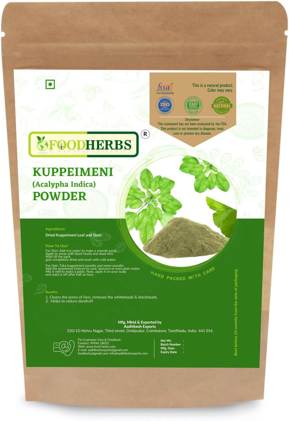 FOODHERBS Kuppaimeni Powder | Natural Facial Hair Removal | 200 Gm/0.44 Lbs | Clear Skin | Acalypha Indica | Harita Manjari