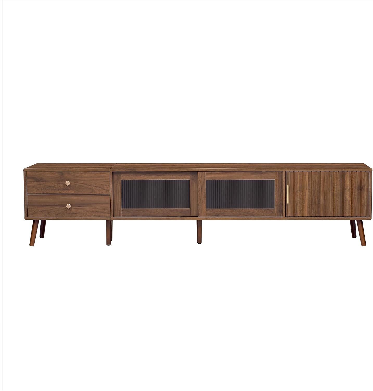 76" TV Bench, Modern TV Stand Console for Living Room, Wood TV Stand with Glass Doors, Long Wood-Grain Media Console with Storage Cabinets, Supports TVs up to 85 Inches