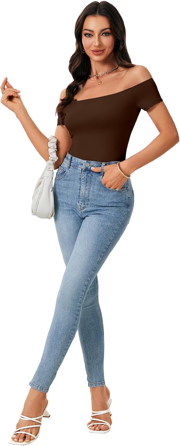 Rooscier Women's Sexy Off The Shoulder Short Sleeve Bodysuit Basic Double Lined Thong Body Suit Tops