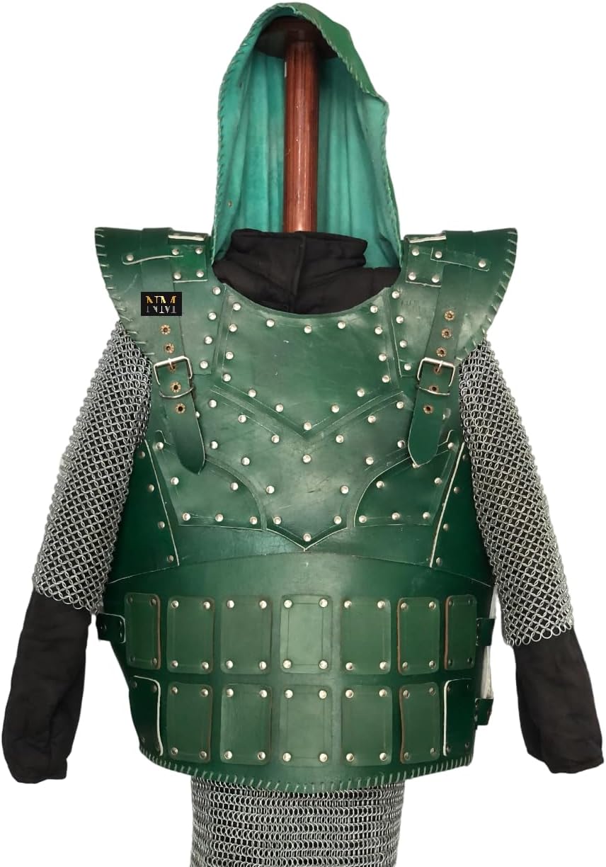 NauticalMart Medieval Leather Breastplate with Hood Viking Chest Armour Cosplay & LARP Halloween Wearable Costume Men's Knight Armor (Green)