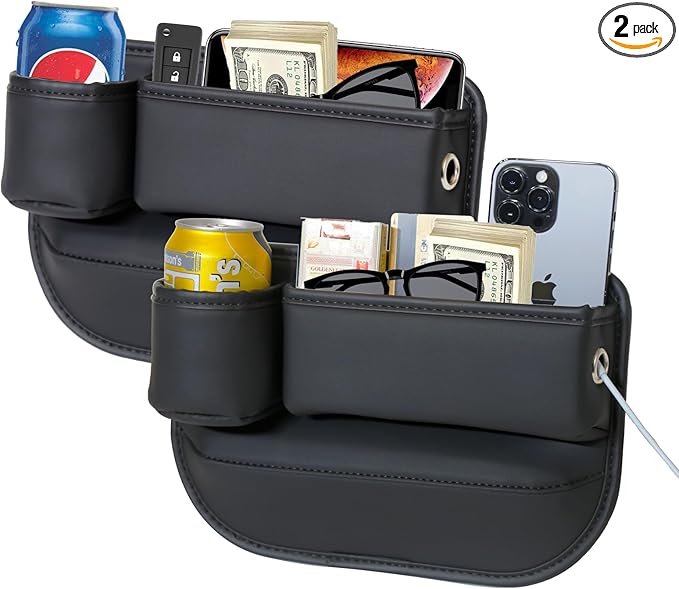PLEW 2 Packs Car Seat Gap Filler Organizer, Car Seat Organizer, Seat Gap Storage Box with Cup Holders for Drink, Car Leather Cup Holder Gap Bag Front Seat for Phone, Sunglasses,Keys(Left+Right Side)
