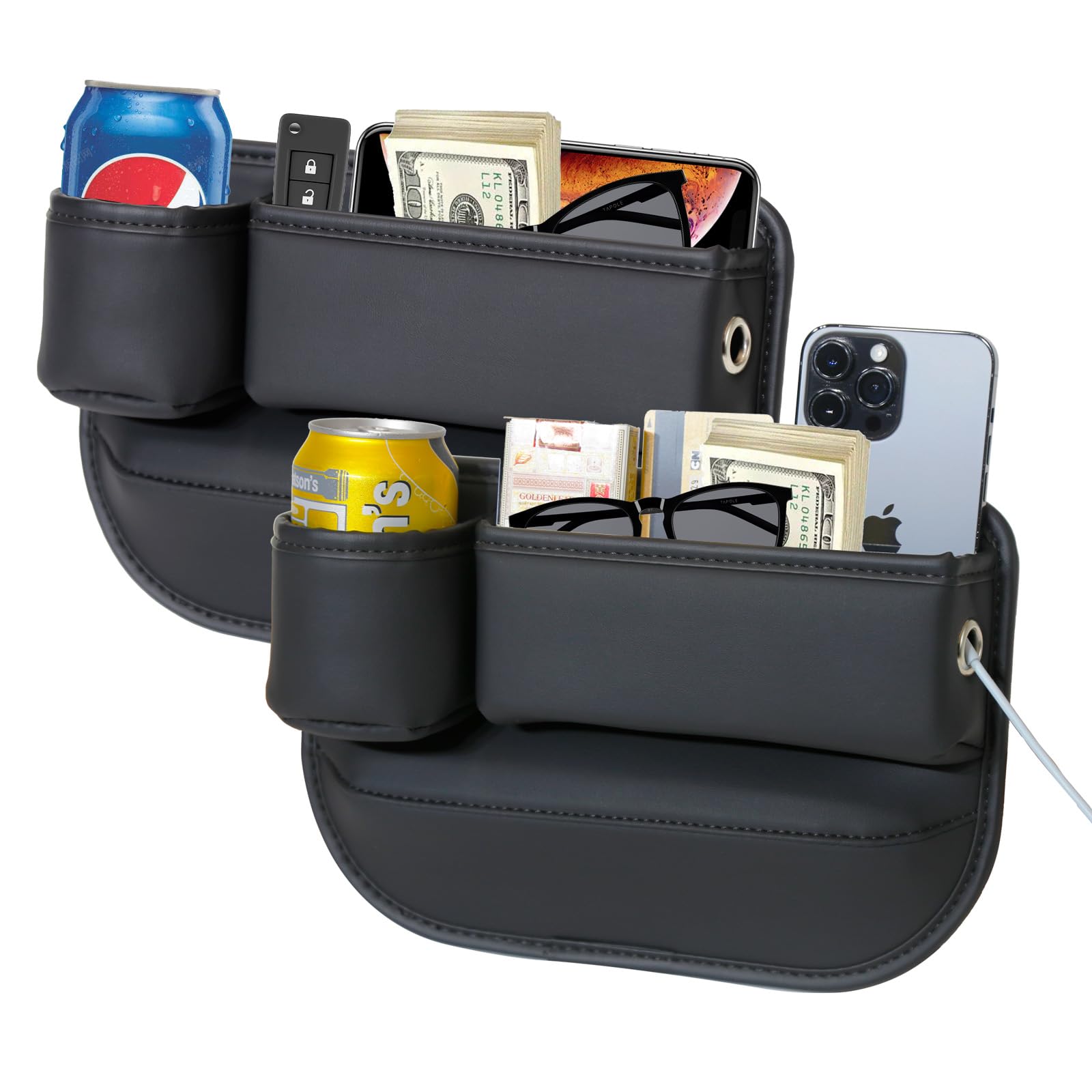 2 Packs Car Seat Gap Filler Organizer, Car Seat Organizer, Seat Gap Storage Box with Cup Holders for Drink, Car Leather Cup Holder Gap Bag Front Seat for Phone, Sunglasses,Keys(Left+Right Side)