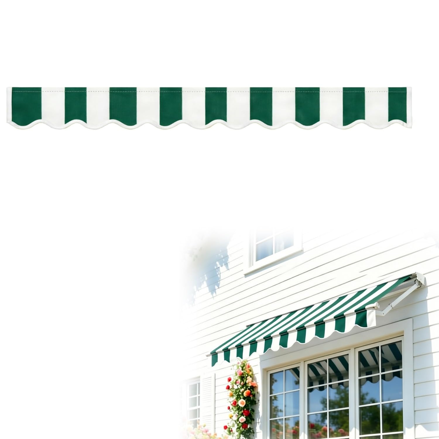 Sunshade Awning Valance Replacement Fabric for Retractable Awnings, Waterproof Polyester Replacement Patio Awning Wavy Canopy Valance, UV-Resistant for Window Shop Yard(Dark Green White,250cm)