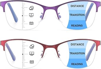 2 Pack Progressive Multifocus Reading Glasses Women Blue Light Blocking Spring Hinge Readers Metal Computer Eyeglasses