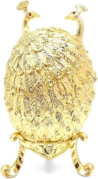 Pierre Lorren Lovers Faberge Egg Pure Gold Handmade Peacock Gold Decor Russian Egg Bracelet 286 HANDSET Crystal Faberge Trinket Jewelry Box for Couples Wedding Parents Anniversary Mom Dad Gift 7.9"