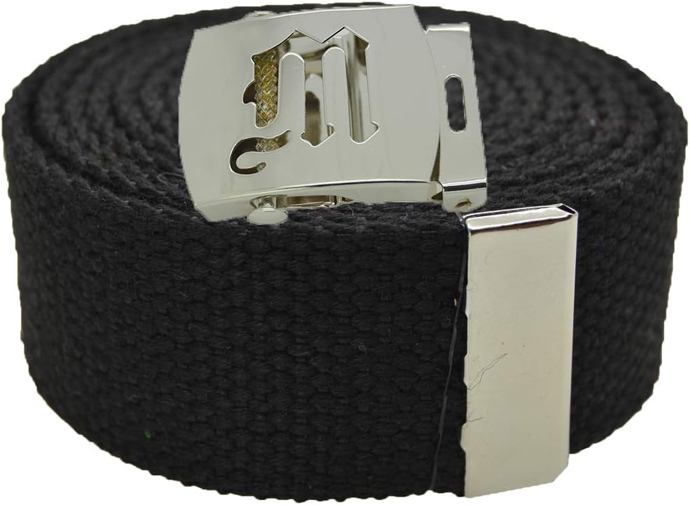 Old English Initial M Canvas Military Web Belt & Silver Buckle 60 Inch