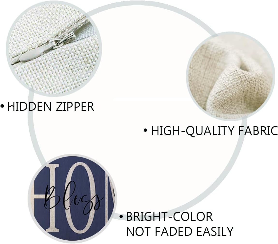 Bless Our Home Throw Pillow Covers 18x18 Double-sided Printed Farmhouse Geometric Dahlia Floral Pillowcases Modern Decorative Cushion Covers 4Pack for Porch Couch Sofa Decor (Blue) - Image 5