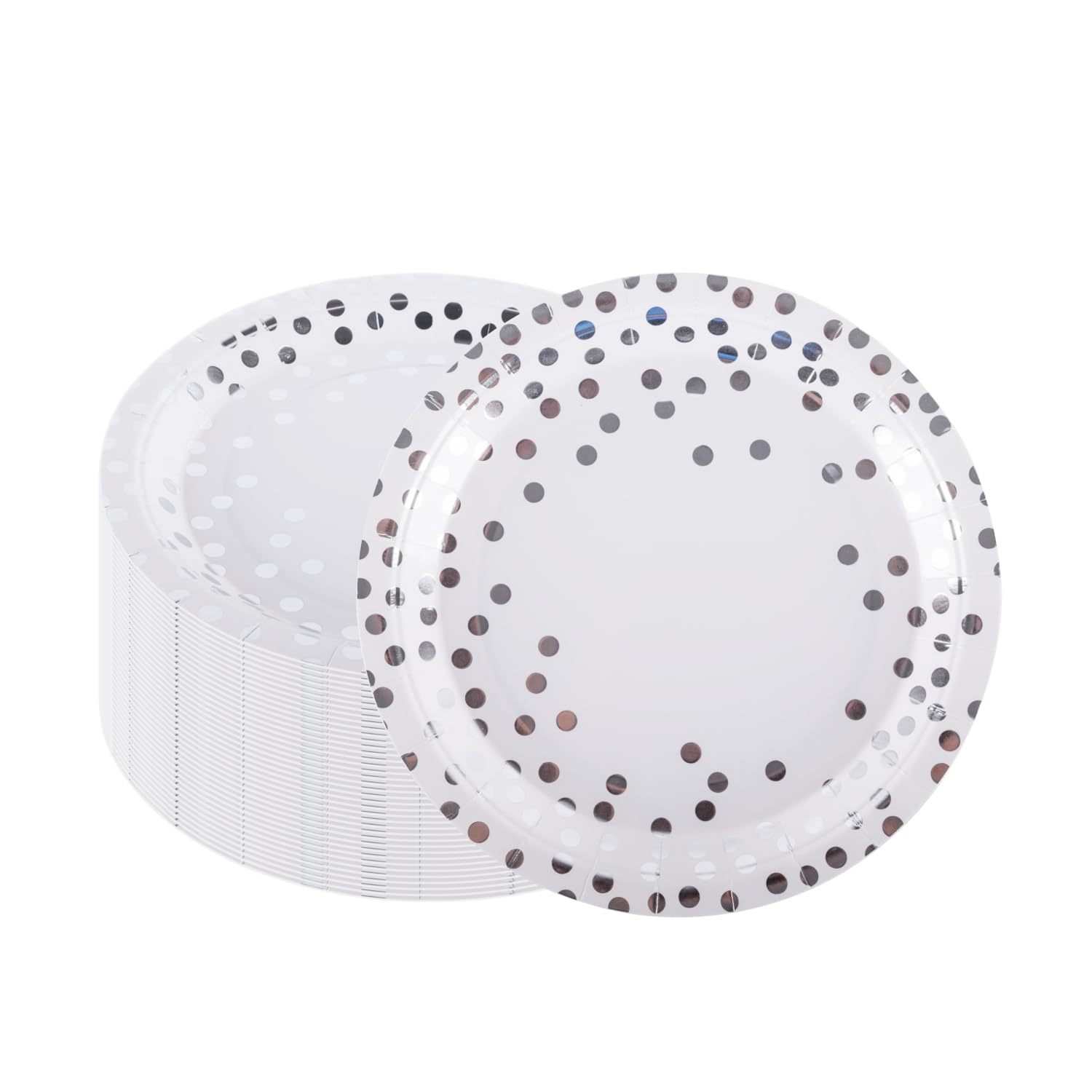 CEILIWEN 50 Pack 9 Inch (23cm) Paper Plates, White & Silver Polka Dot Design for Wedding Anniversaries, Christmas and Events