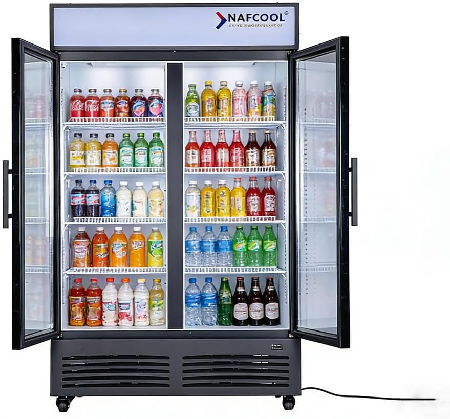Commercial Beverage Refrigerator Display Fridge,Two Glass Door Drink Cooler with LED Light Adjustable Shelves,ETL Sanitation,43 Cu Ft,47" Wide,Wheels Included