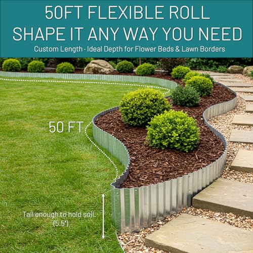 50FT Galvanized Steel Corrugated Metal Landscape Edging – Flexible & Rustproof Garden Edging Border, Decorative Metal Trim for Flower Beds, Lawn, Driveway, Walkway & Raised Beds by STIRLINGEAR - Image 2